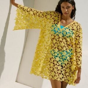 New Anthropologie Maeve Yellow Star Cutout Star Sheer Cover Up Dress One Size
